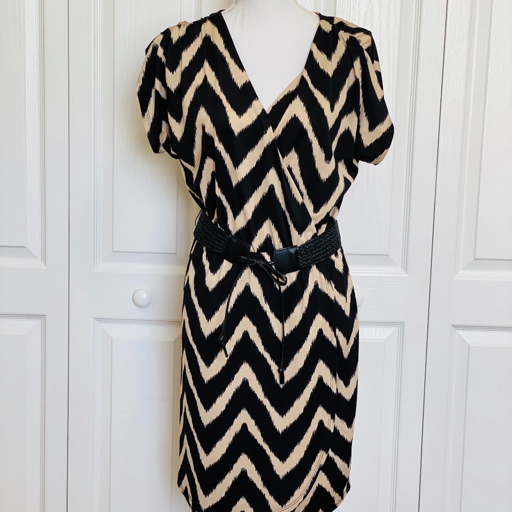 Corey P Black & Tan Chevron V-Neck Wrap Dress M